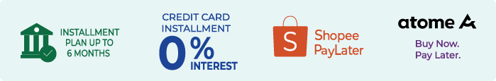 Payment options: instalment plan up to 6 months, credit card instalment at 0% interest, Shopee PayLater, and Atome buy now, pay later.